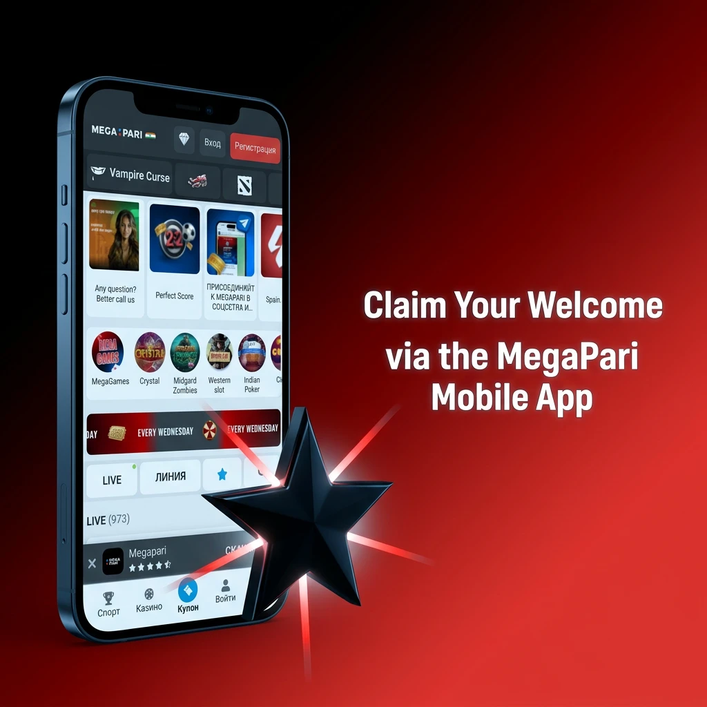 MegaPari mobile app on Android and iOS showing welcome bonus claim steps with first deposit of ₹1,000