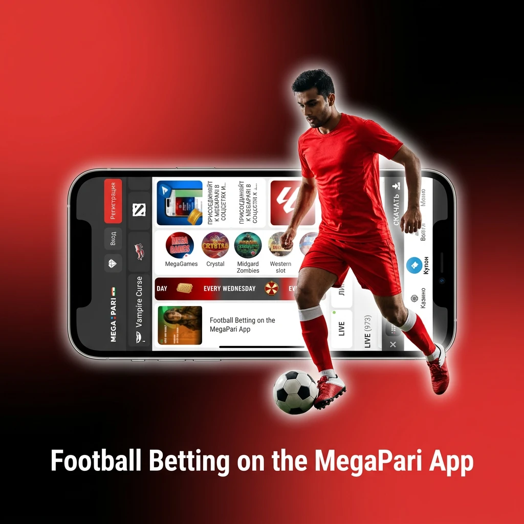 MegaPari mobile app interface showing football betting options on Android and iOS devices